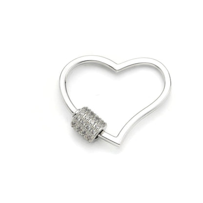 Silver Heart Carabiner, Circle Screw Clasp with Pave Cubic Zirconia Rhinestones K-129