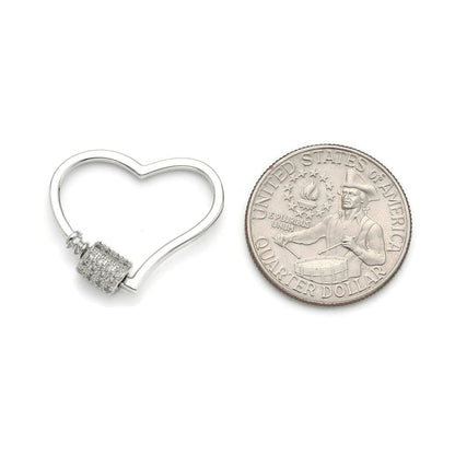 Silver Heart Carabiner, Circle Screw Clasp with Pave Cubic Zirconia Rhinestones K-129