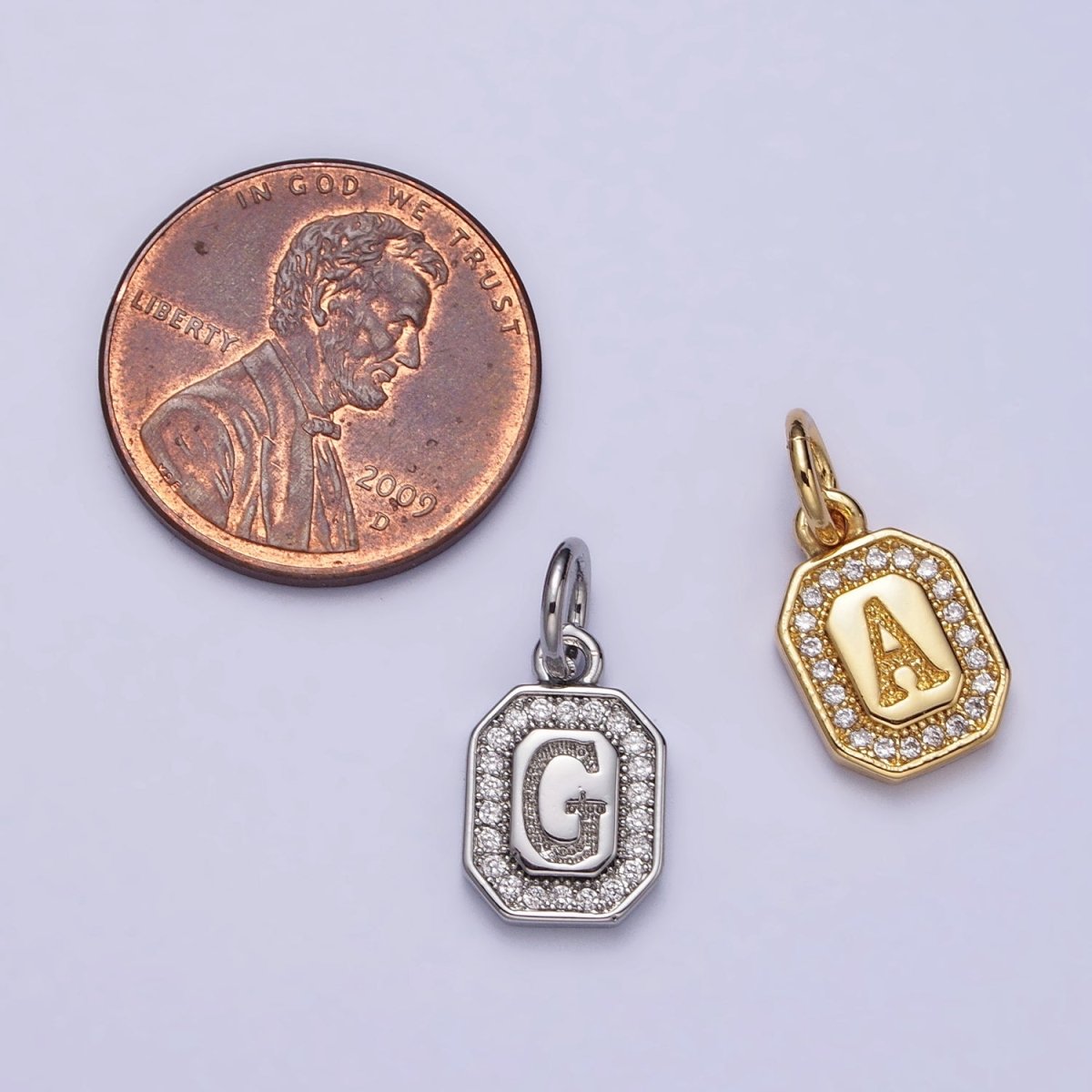 Silver Initial Letter A-Z Clear Micro Paved CZ Hexagonal Mini Charm | A-469-A-481
