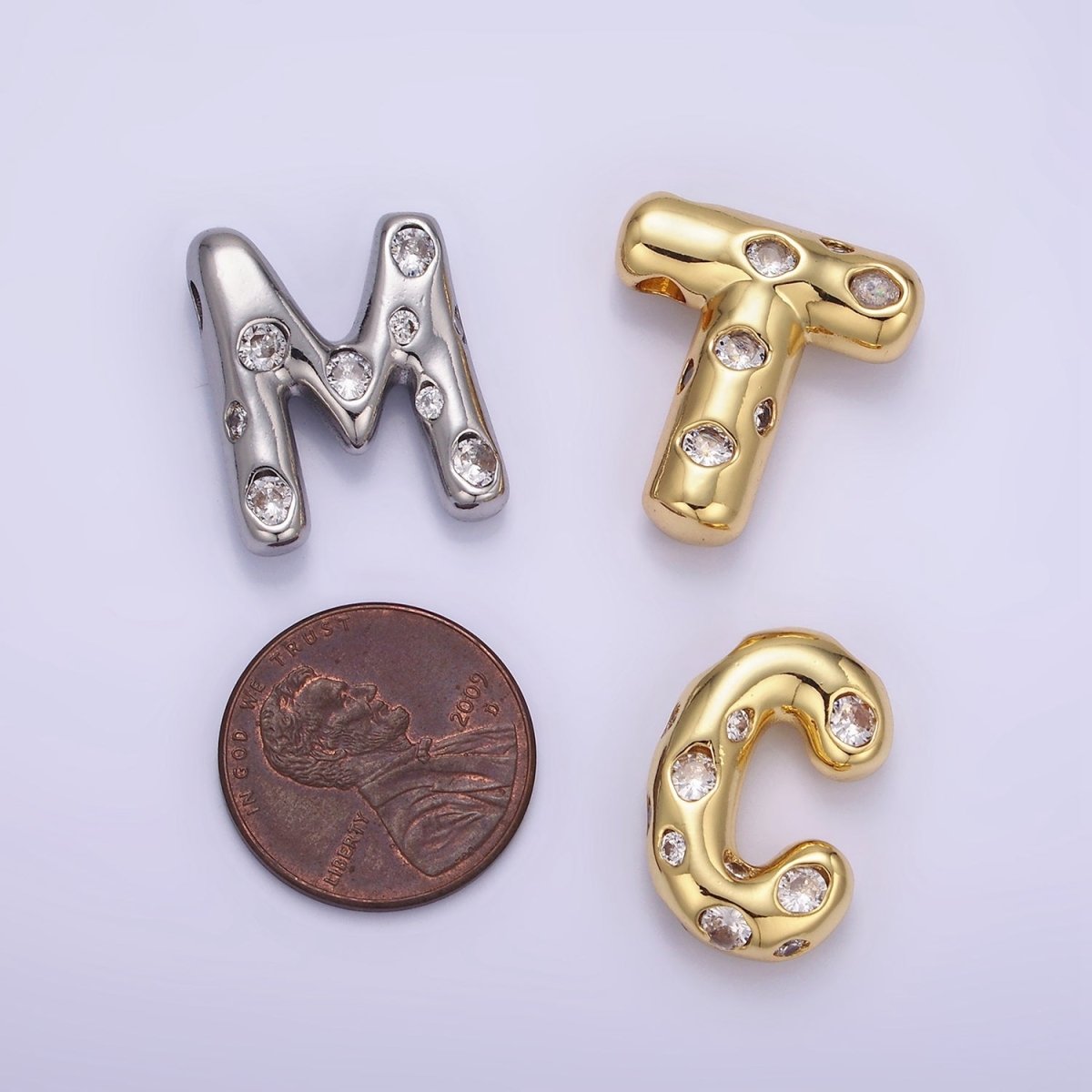 Silver Plated 20mm Clear CZ Chubby Balloon Initial Letter Pendant | A-A1028-A-A1040