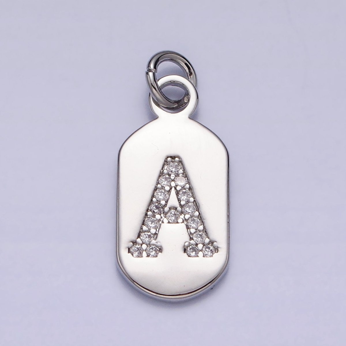 Silver Rectangular Tag CZ Clear Micro Paved Personalized Initial Alphabet Name Tag Charm | A-A1887-A-A1899