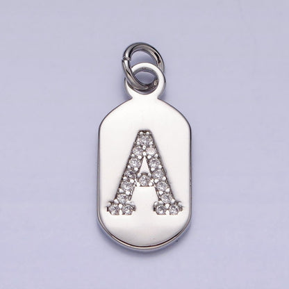 Silver Rectangular Tag CZ Clear Micro Paved Personalized Initial Alphabet Name Tag Charm | A-A1887-A-A1899