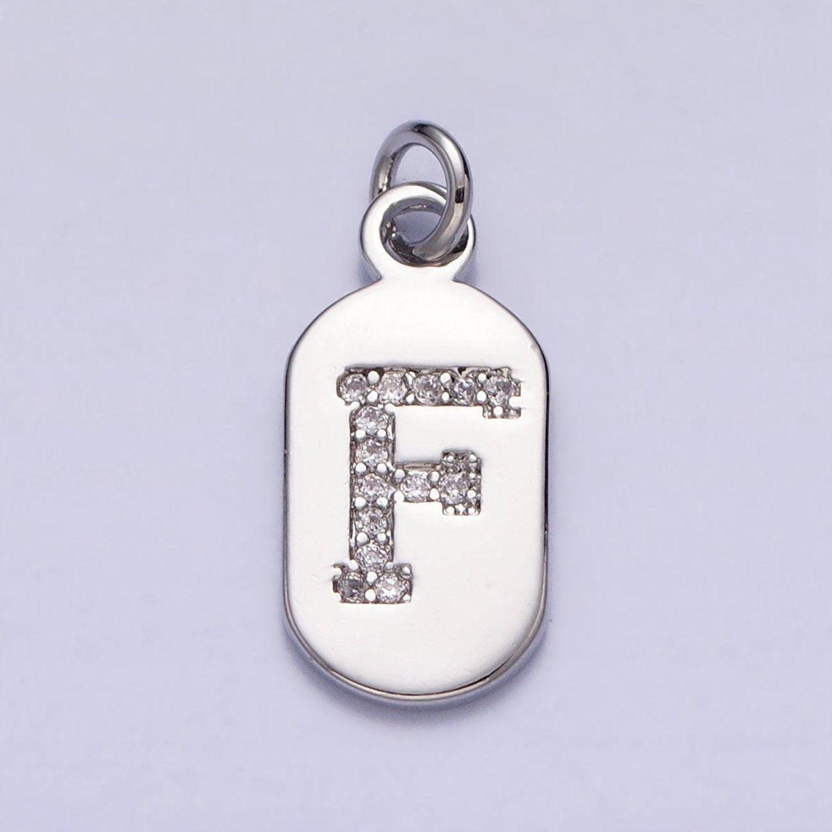 Silver Rectangular Tag CZ Clear Micro Paved Personalized Initial Alphabet Name Tag Charm | A-A1887-A-A1899