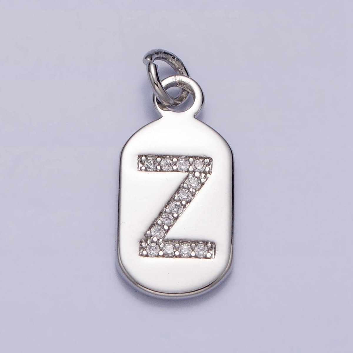 Silver Rectangular Tag CZ Clear Micro Paved Personalized Initial Alphabet Name Tag Charm | A-A1887-A-A1899