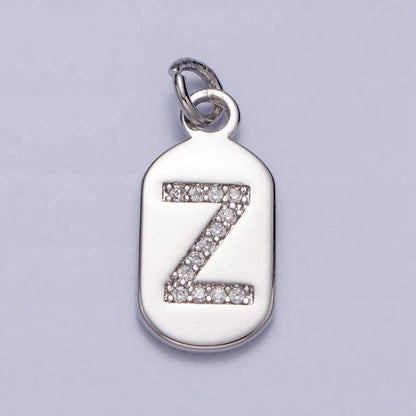 Silver Rectangular Tag CZ Clear Micro Paved Personalized Initial Alphabet Name Tag Charm | A-A1887-A-A1899