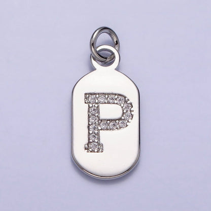 Silver Rectangular Tag CZ Clear Micro Paved Personalized Initial Alphabet Name Tag Charm | A-A1887-A-A1899