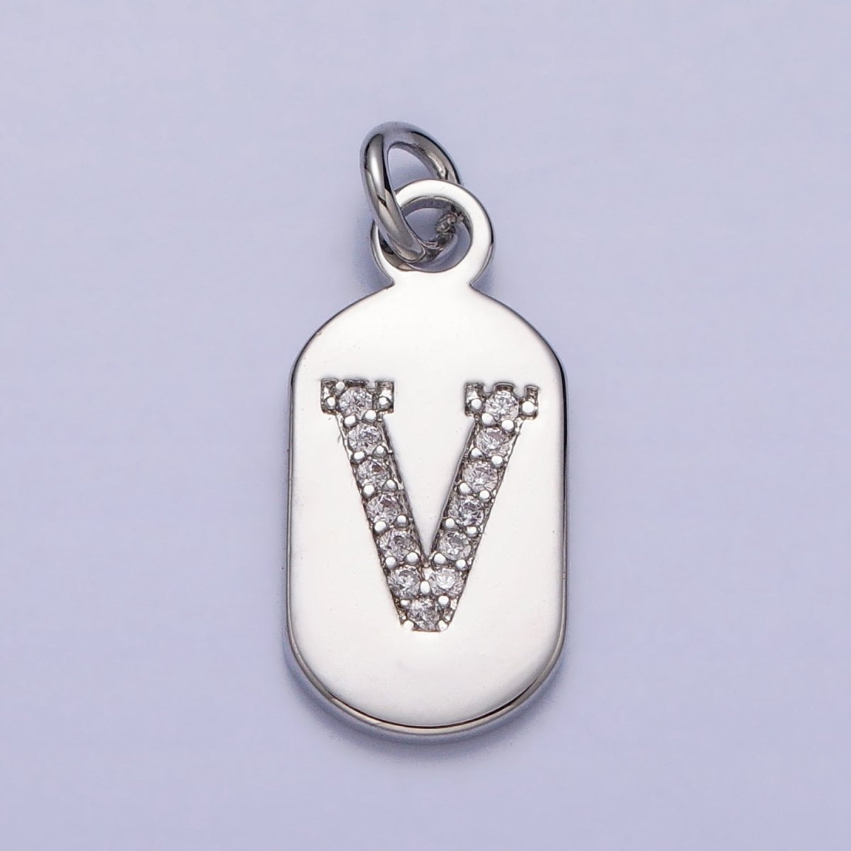 Silver Rectangular Tag CZ Clear Micro Paved Personalized Initial Alphabet Name Tag Charm | A-A1887-A-A1899