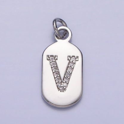 Silver Rectangular Tag CZ Clear Micro Paved Personalized Initial Alphabet Name Tag Charm | A-A1887-A-A1899