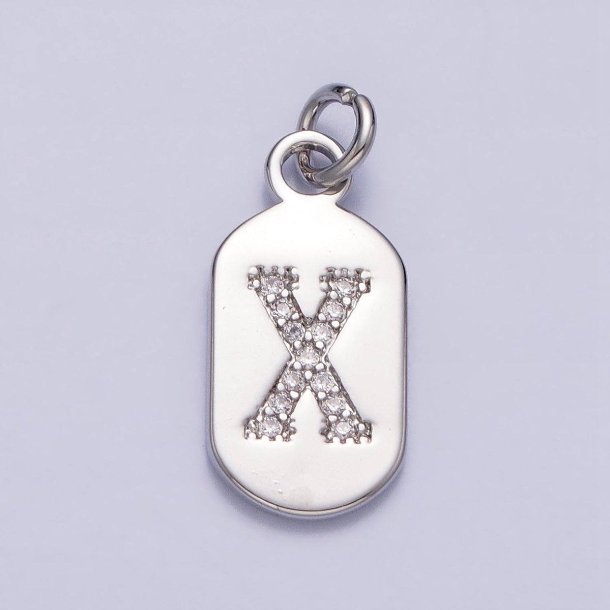 Silver Rectangular Tag CZ Clear Micro Paved Personalized Initial Alphabet Name Tag Charm | A-A1887-A-A1899