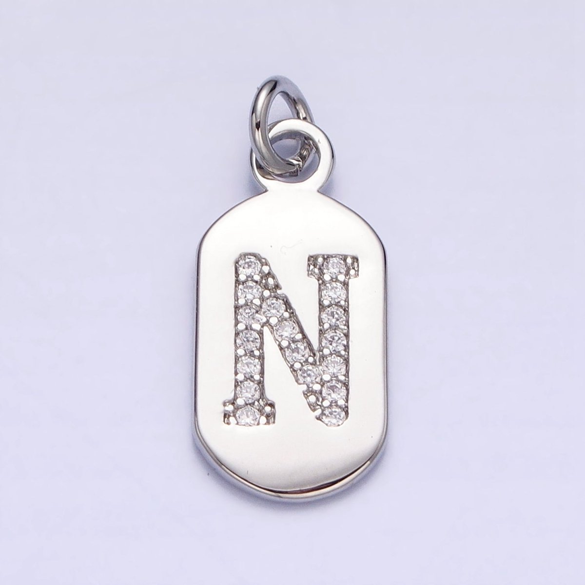 Silver Rectangular Tag CZ Clear Micro Paved Personalized Initial Alphabet Name Tag Charm | A-A1887-A-A1899
