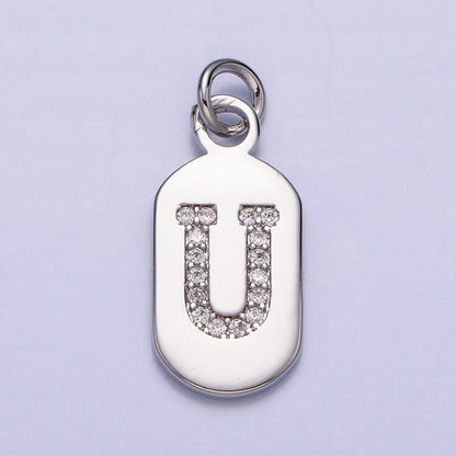 Silver Rectangular Tag CZ Clear Micro Paved Personalized Initial Alphabet Name Tag Charm | A-A1887-A-A1899