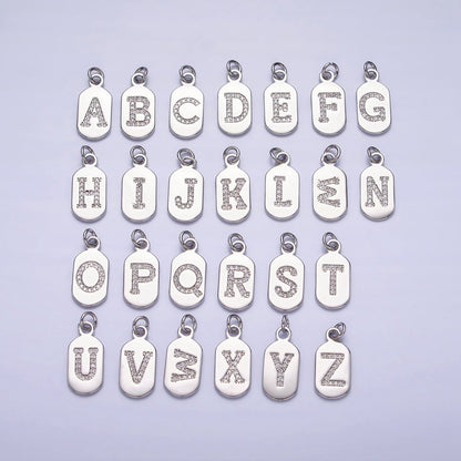 Silver Rectangular Tag CZ Clear Micro Paved Personalized Initial Alphabet Name Tag Charm | A-A1887-A-A1899