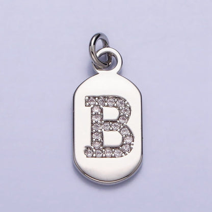 Silver Rectangular Tag CZ Clear Micro Paved Personalized Initial Alphabet Name Tag Charm | A-A1887-A-A1899