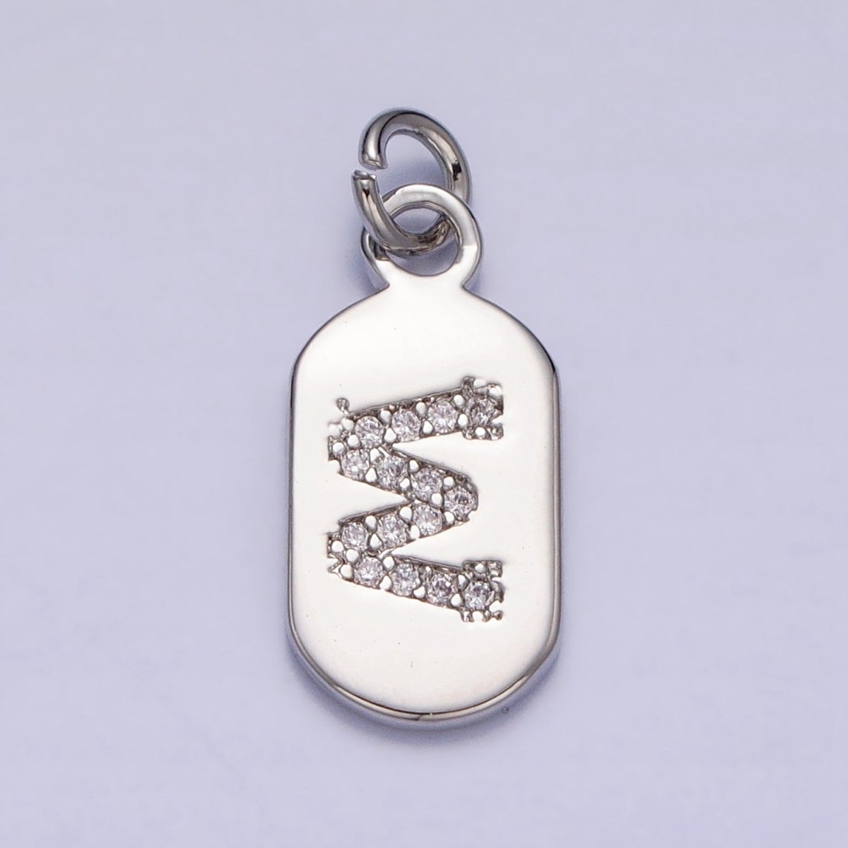 Silver Rectangular Tag CZ Clear Micro Paved Personalized Initial Alphabet Name Tag Charm | A-A1887-A-A1899