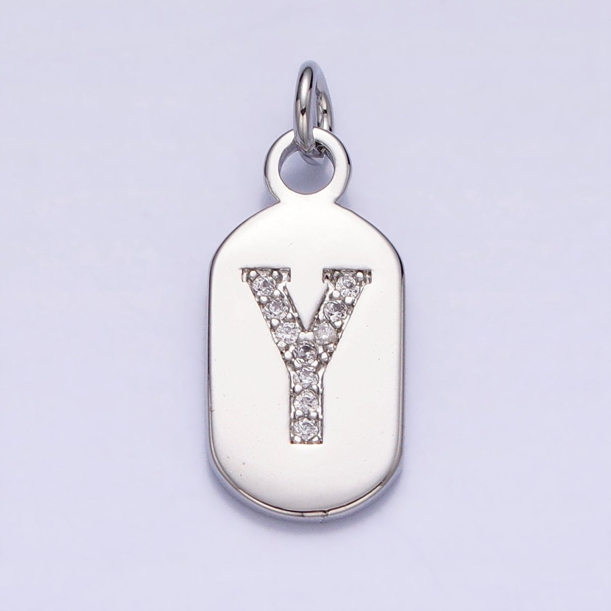 Silver Rectangular Tag CZ Clear Micro Paved Personalized Initial Alphabet Name Tag Charm | A-A1887-A-A1899