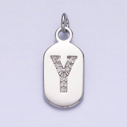 Silver Rectangular Tag CZ Clear Micro Paved Personalized Initial Alphabet Name Tag Charm | A-A1887-A-A1899