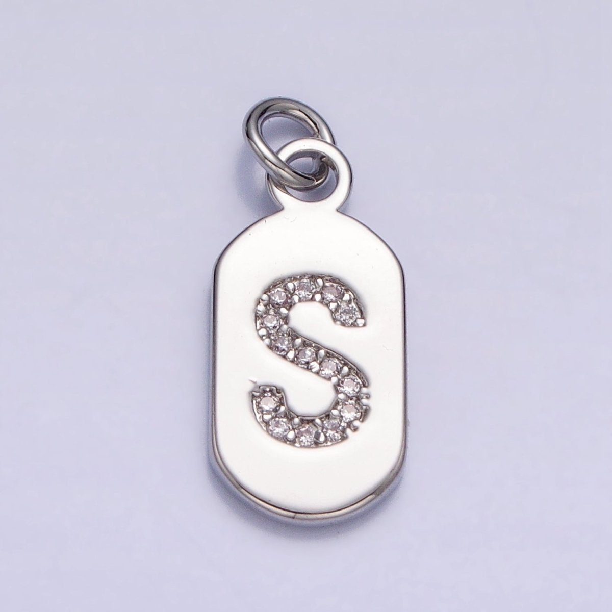 Silver Rectangular Tag CZ Clear Micro Paved Personalized Initial Alphabet Name Tag Charm | A-A1887-A-A1899