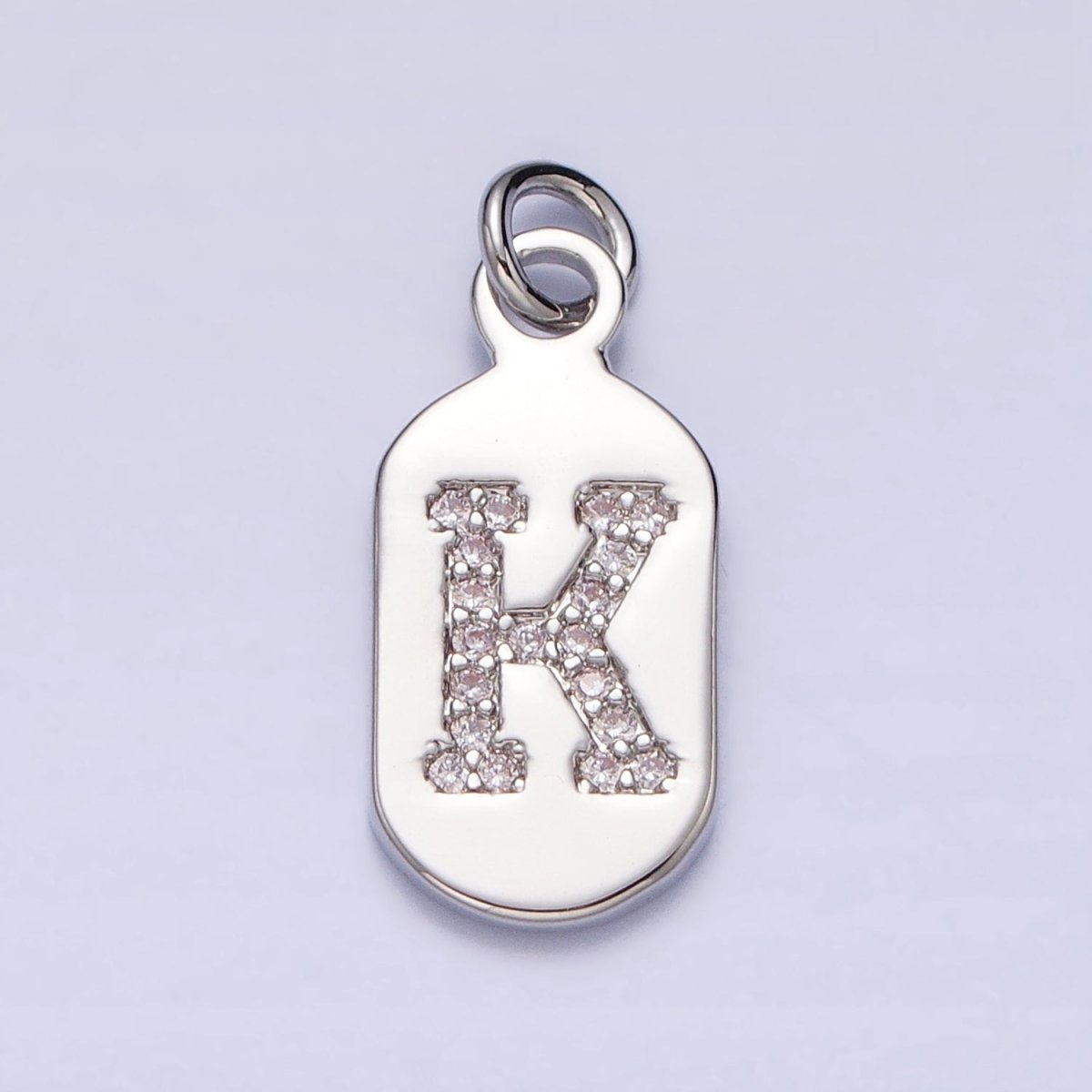 Silver Rectangular Tag CZ Clear Micro Paved Personalized Initial Alphabet Name Tag Charm | A-A1887-A-A1899
