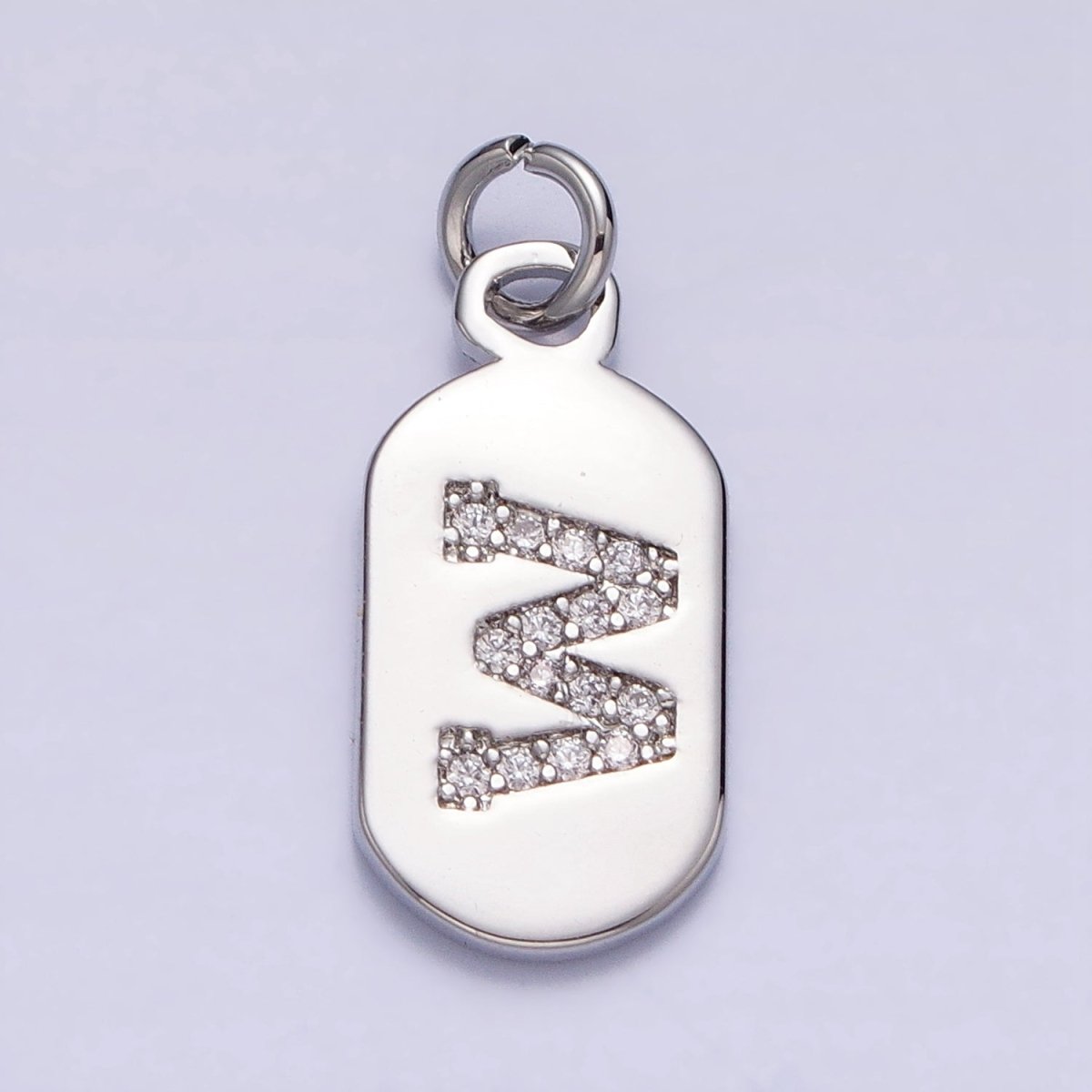 Silver Rectangular Tag CZ Clear Micro Paved Personalized Initial Alphabet Name Tag Charm | A-A1887-A-A1899