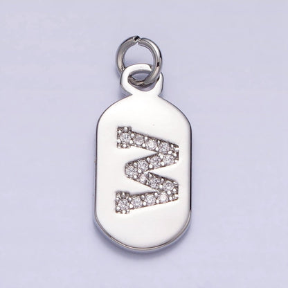 Silver Rectangular Tag CZ Clear Micro Paved Personalized Initial Alphabet Name Tag Charm | A-A1887-A-A1899