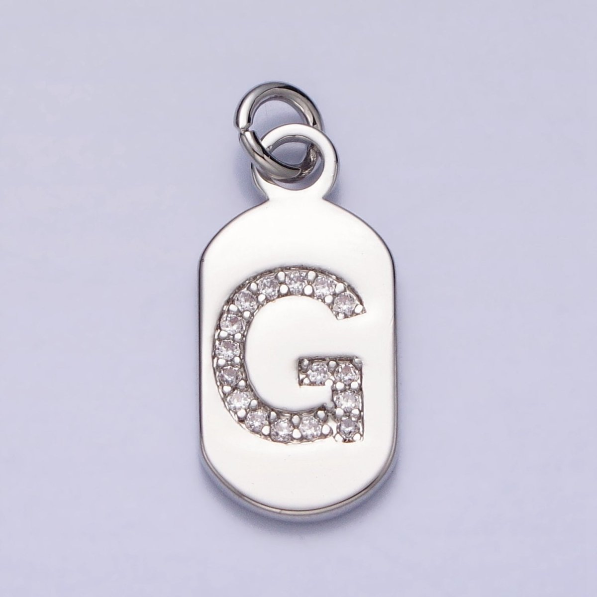 Silver Rectangular Tag CZ Clear Micro Paved Personalized Initial Alphabet Name Tag Charm | A-A1887-A-A1899