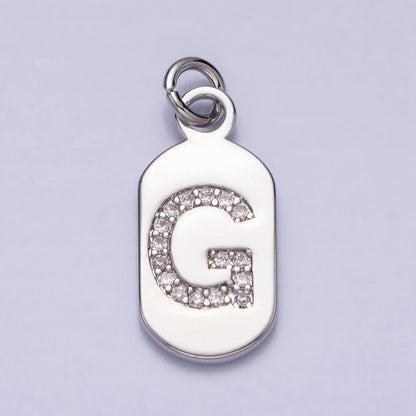 Silver Rectangular Tag CZ Clear Micro Paved Personalized Initial Alphabet Name Tag Charm | A-A1887-A-A1899