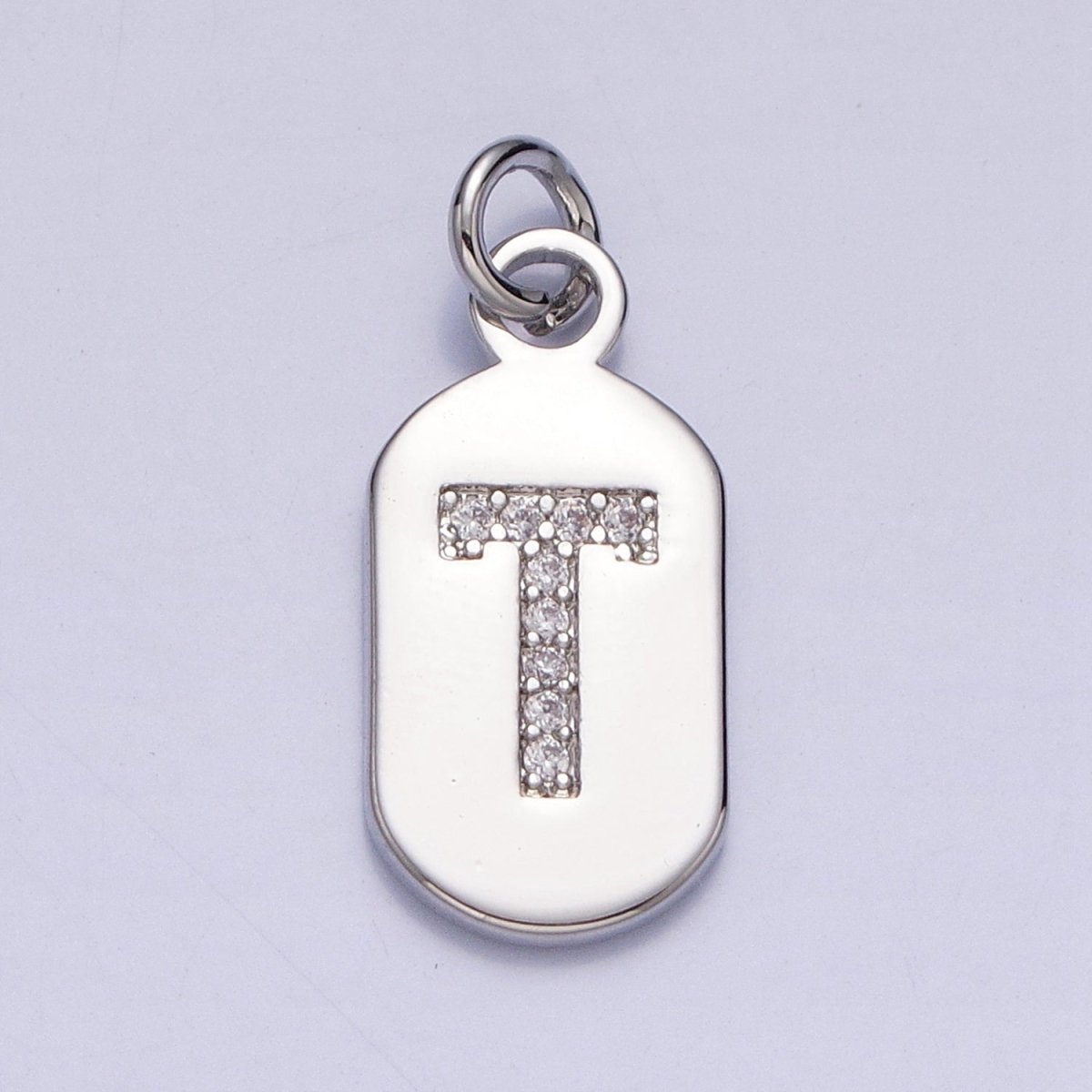 Silver Rectangular Tag CZ Clear Micro Paved Personalized Initial Alphabet Name Tag Charm | A-A1887-A-A1899
