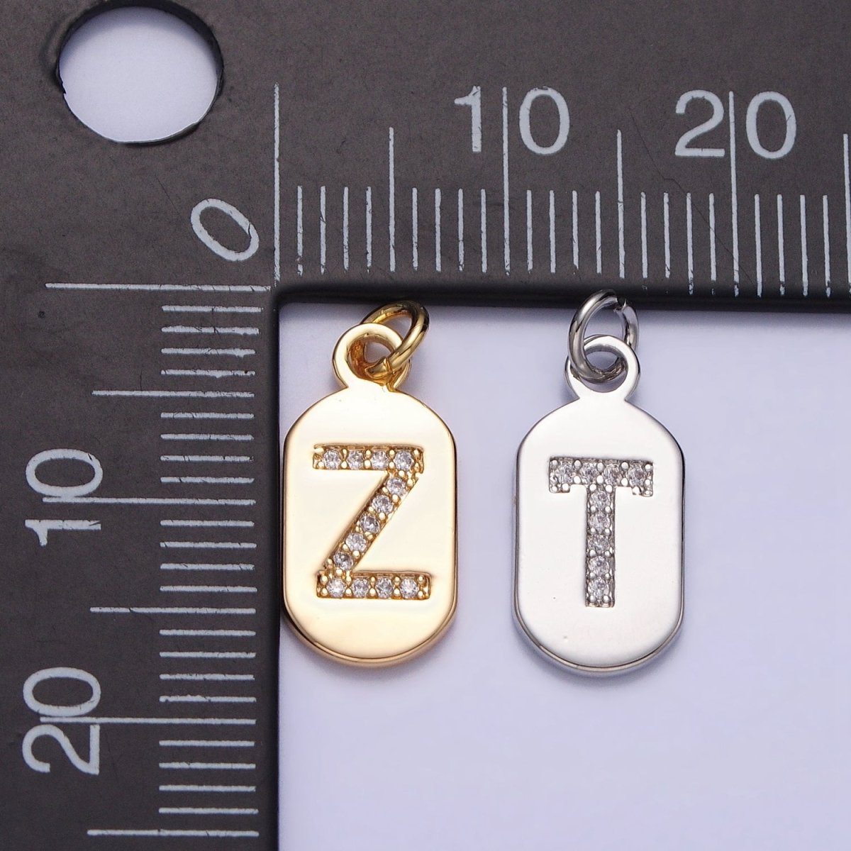 Silver Rectangular Tag CZ Clear Micro Paved Personalized Initial Alphabet Name Tag Charm | A-A1887-A-A1899