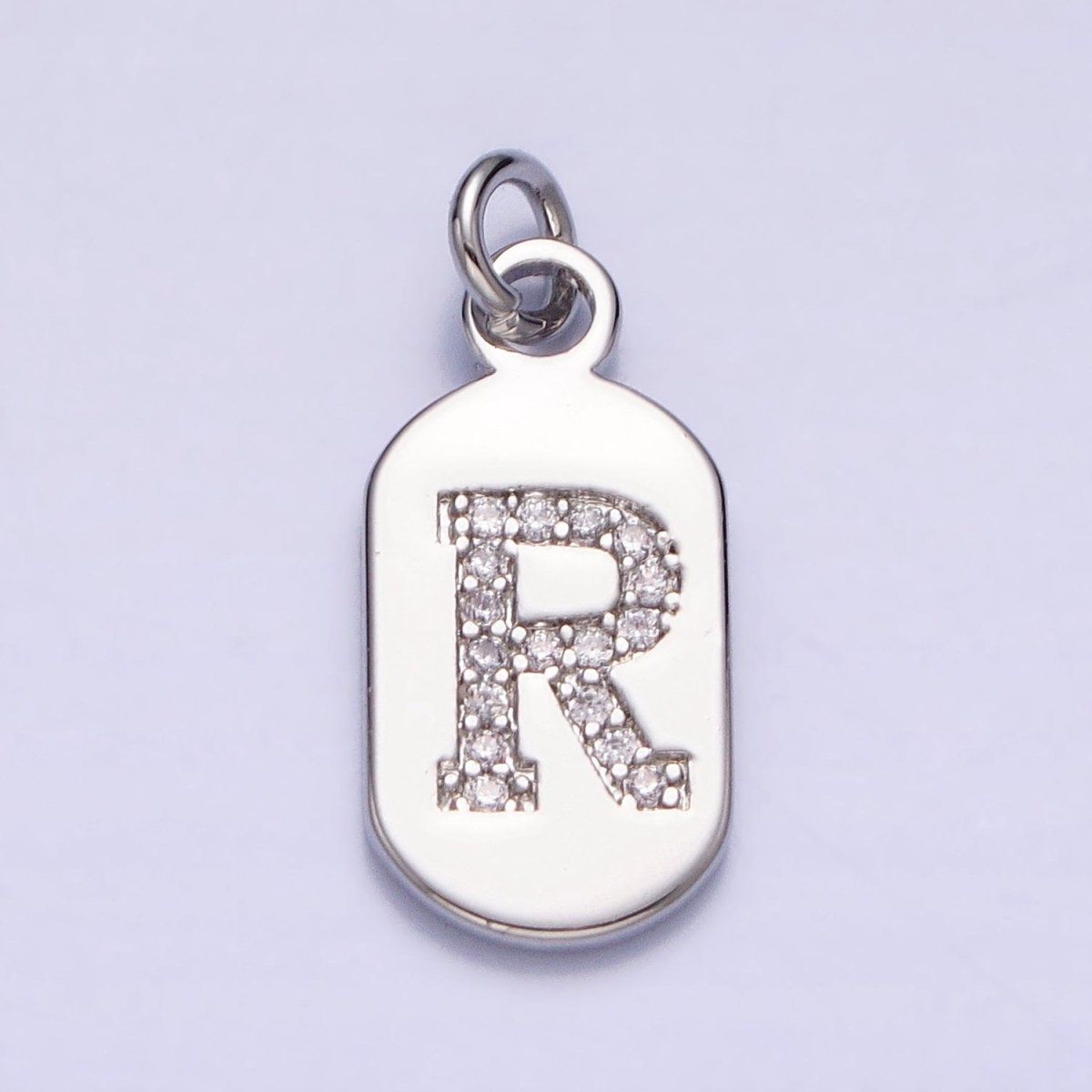 Silver Rectangular Tag CZ Clear Micro Paved Personalized Initial Alphabet Name Tag Charm | A-A1887-A-A1899