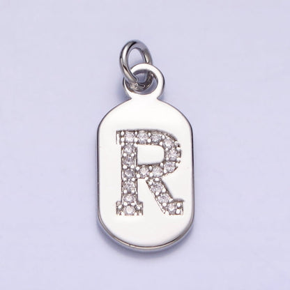 Silver Rectangular Tag CZ Clear Micro Paved Personalized Initial Alphabet Name Tag Charm | A-A1887-A-A1899