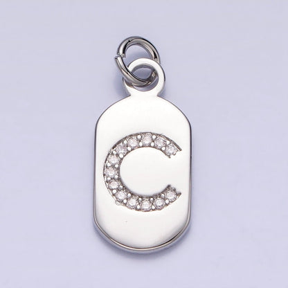 Silver Rectangular Tag CZ Clear Micro Paved Personalized Initial Alphabet Name Tag Charm | A-A1887-A-A1899