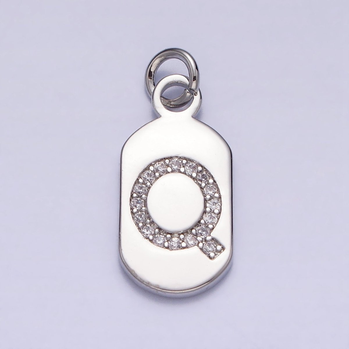 Silver Rectangular Tag CZ Clear Micro Paved Personalized Initial Alphabet Name Tag Charm | A-A1887-A-A1899