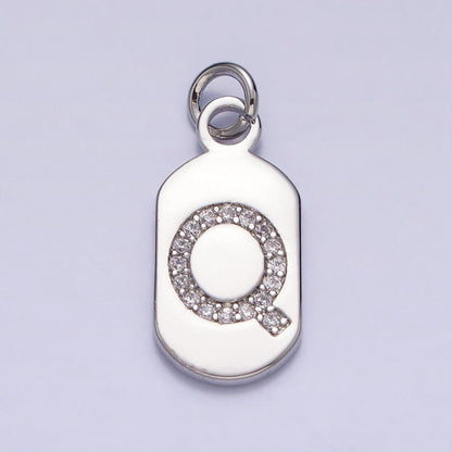 Silver Rectangular Tag CZ Clear Micro Paved Personalized Initial Alphabet Name Tag Charm | A-A1887-A-A1899
