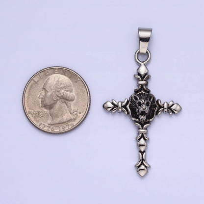 Silver Stainless Steel Religious Elaborate Cross Lion Skull Skeleton Pendant J-740