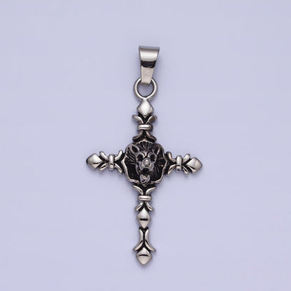Silver Stainless Steel Religious Elaborate Cross Lion Skull Skeleton Pendant J-740
