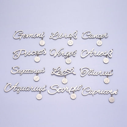 Silver Stainless Steel Zodiac Astrology Cursive Font Mini Symbol Connector Personalized Jewelry Making | A-A1385-A-A1390