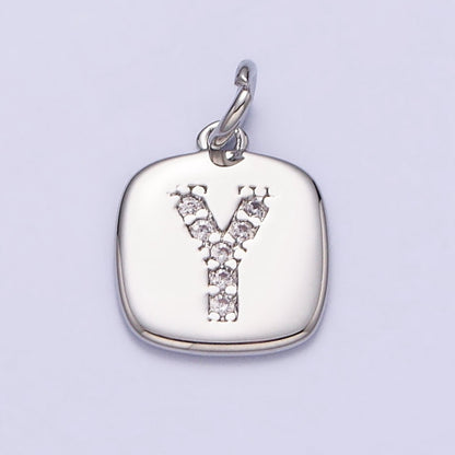 Silver Tag Square CZ Clear Micro Paved Initial Alphabet Dainty Personalized Name Tag Charm | A-266-A-278