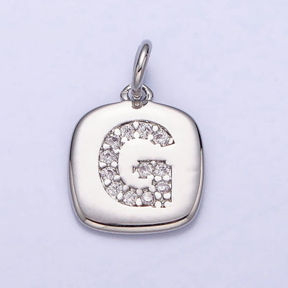 Silver Tag Square CZ Clear Micro Paved Initial Alphabet Dainty Personalized Name Tag Charm | A-266-A-278
