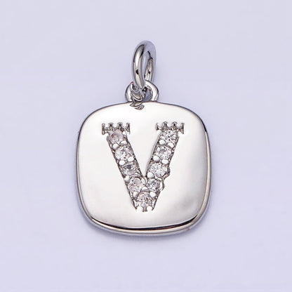 Silver Tag Square CZ Clear Micro Paved Initial Alphabet Dainty Personalized Name Tag Charm | A-266-A-278
