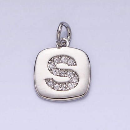 Silver Tag Square CZ Clear Micro Paved Initial Alphabet Dainty Personalized Name Tag Charm | A-266-A-278