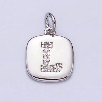 Silver Tag Square CZ Clear Micro Paved Initial Alphabet Dainty Personalized Name Tag Charm | A-266-A-278