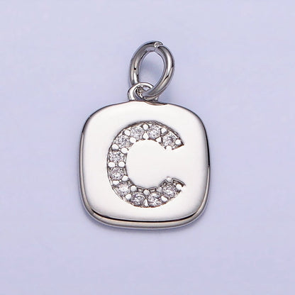 Silver Tag Square CZ Clear Micro Paved Initial Alphabet Dainty Personalized Name Tag Charm | A-266-A-278
