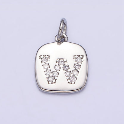 Silver Tag Square CZ Clear Micro Paved Initial Alphabet Dainty Personalized Name Tag Charm | A-266-A-278