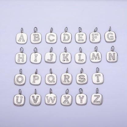 Silver Tag Square CZ Clear Micro Paved Initial Alphabet Dainty Personalized Name Tag Charm | A-266-A-278