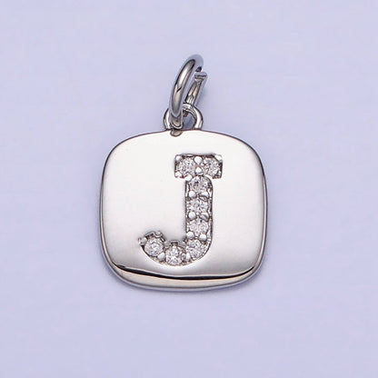 Silver Tag Square CZ Clear Micro Paved Initial Alphabet Dainty Personalized Name Tag Charm | A-266-A-278