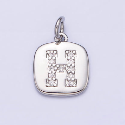 Silver Tag Square CZ Clear Micro Paved Initial Alphabet Dainty Personalized Name Tag Charm | A-266-A-278