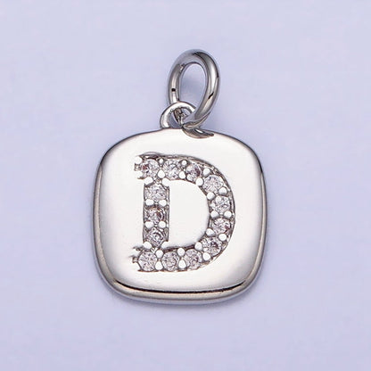 Silver Tag Square CZ Clear Micro Paved Initial Alphabet Dainty Personalized Name Tag Charm | A-266-A-278