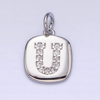 Silver Tag Square CZ Clear Micro Paved Initial Alphabet Dainty Personalized Name Tag Charm | A-266-A-278