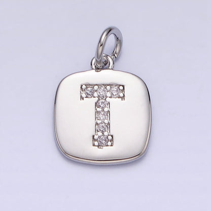 Silver Tag Square CZ Clear Micro Paved Initial Alphabet Dainty Personalized Name Tag Charm | A-266-A-278
