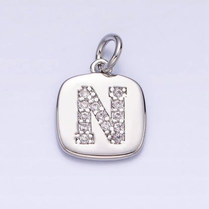Silver Tag Square CZ Clear Micro Paved Initial Alphabet Dainty Personalized Name Tag Charm | A-266-A-278